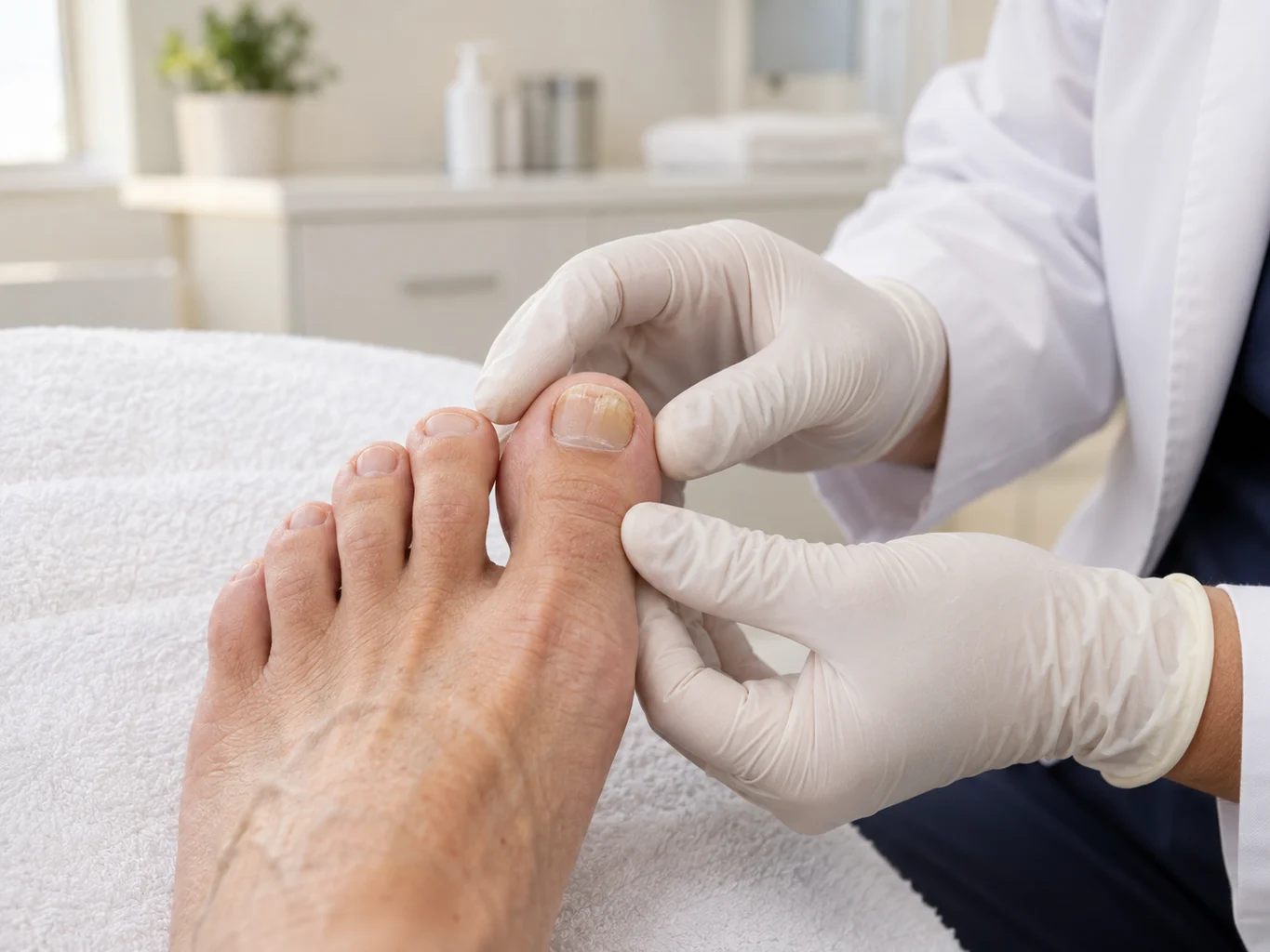 Ärztliche Untersuchung einer Nagelveränderung am großen Zeh