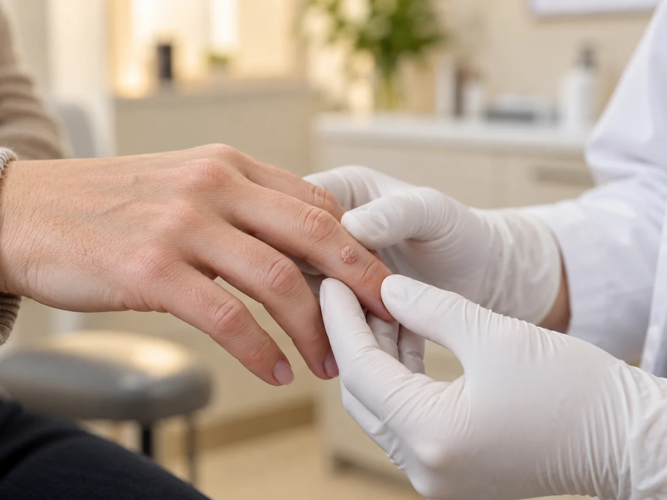 Ärztliche Begutachtung einer kleinen Warze am Finger